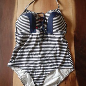 Lace up navy and white stripe one piece swimsuit